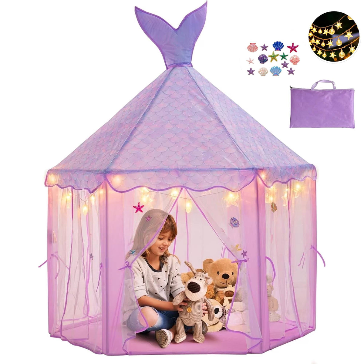 BRINJOY Mermaid Princess Tent for Girls, Large Kids Playhouse Castle with String Lights, Carry Bag & Stickers, Indoor Outdoor Pretend Play Tent Gift for Toddler Age 3+