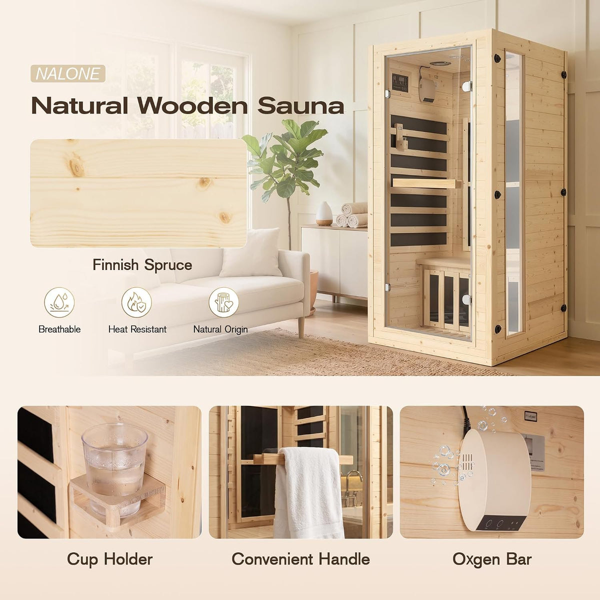 NALONE 1 Person Carbon Infrared Sauna, 1350W, Smart APP Control, 7-Color Chromotherapy, Bluetooth Speaker, Oxygen Ionizer, Finnish Spruce Indoor Home Spa Cabin