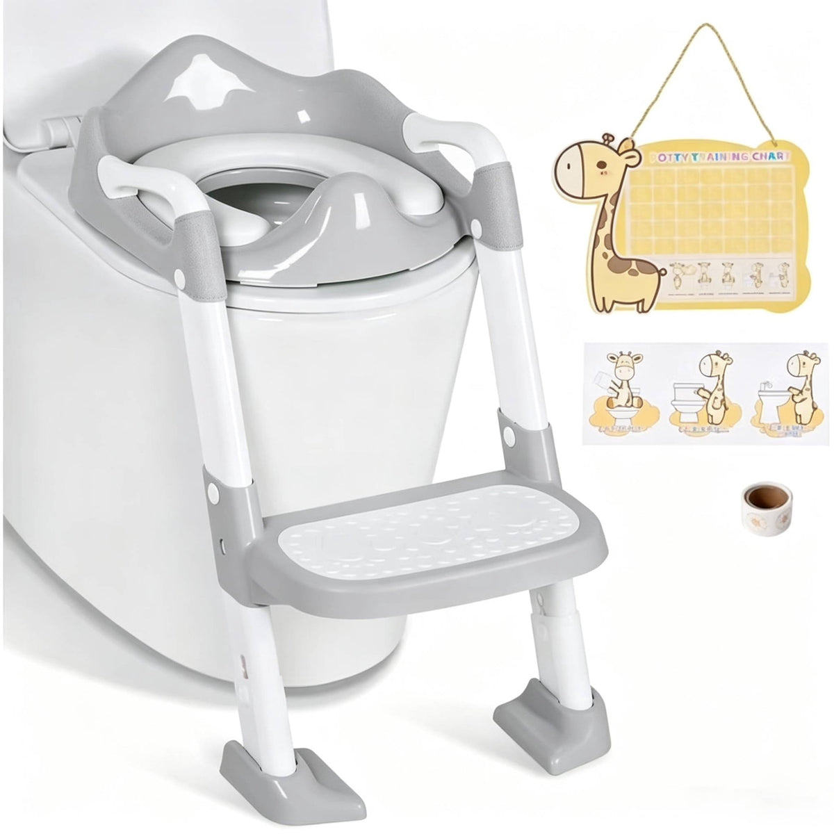 BRINJOY Potty Training Seat with Step Stool, Toddler Potty Seat with Steps & Ladder, Foldable Kids Potty for Toilet, Non-Slip Detachable Cushion, Potty Training Chart, for Boys Girls 1-6