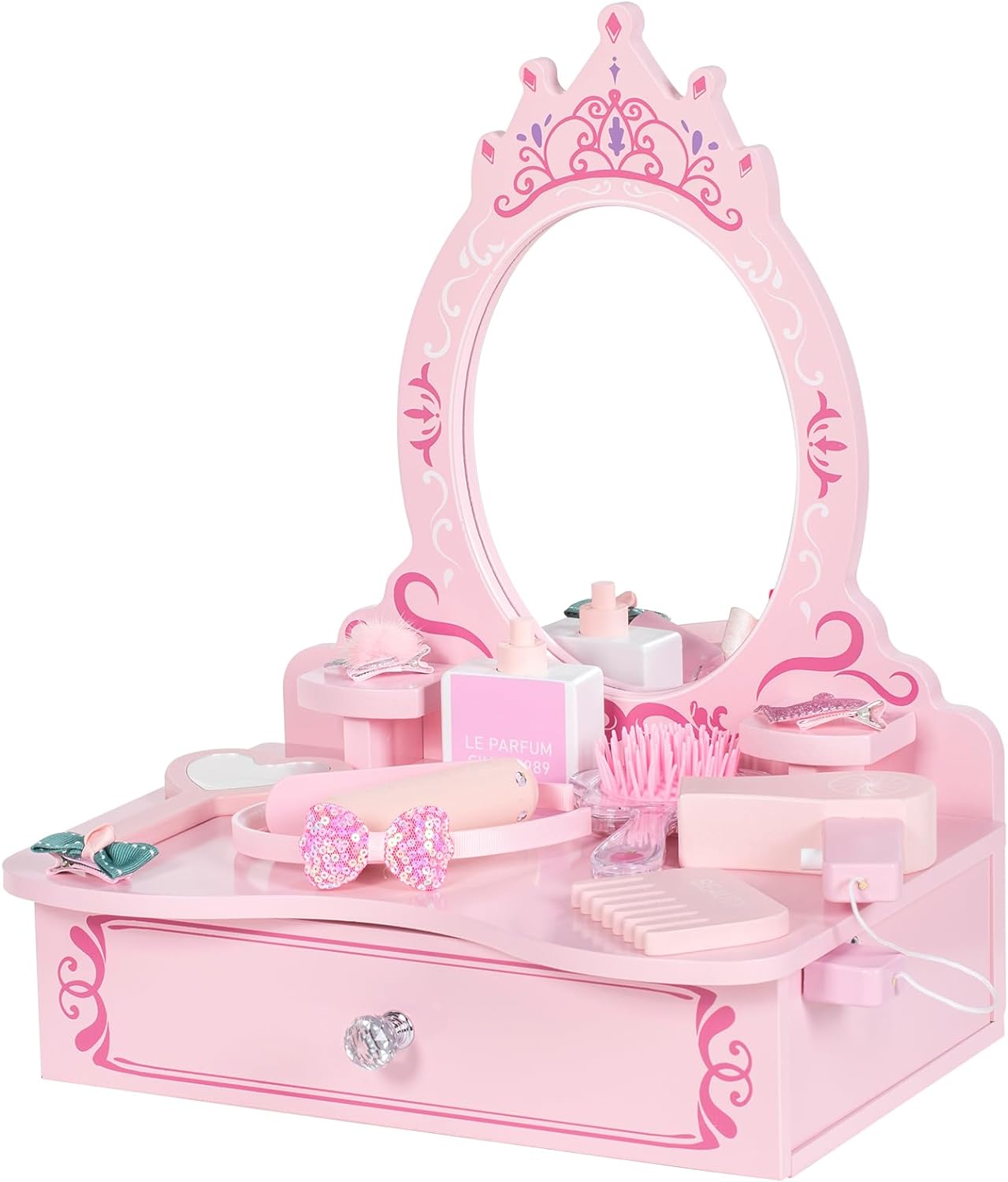 BRINJOY Wooden Vanity Set for Kids, Toddler Tabletop Beauty Salon Play Set w/Accessories & Drawer, Princess Makeup Pretend Play Vanity Table Toy with Mirror for Little Girls Age 3-8