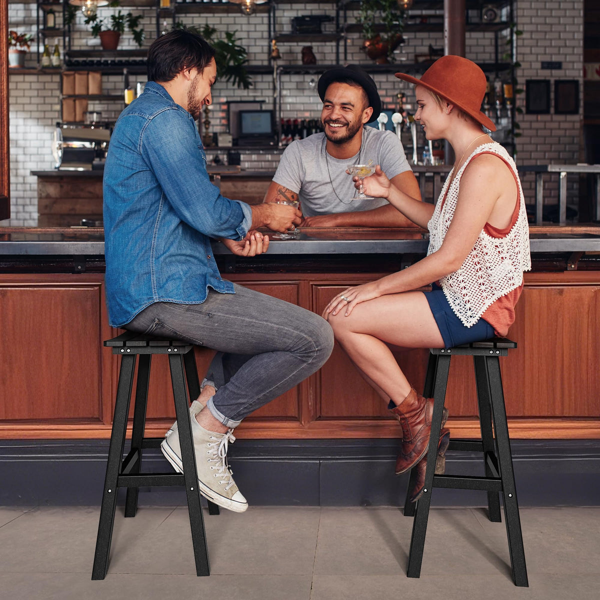 NALONE 29 Inch Outdoor Bar Stools Set of 2, HDPE Bar Chairs, Weather Resistant Barstools Outside Bar Height Stools for Bar, Kitchen Counter, Balcony (Black, 29'' Barstools Set of 2)