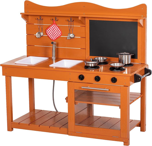 BRINJOY Kitchen Playset for Kids, Outdoor Wooden Mud Kitchen Set w/2 Removable Sinks & Spray Pipe, Backyard Garden Toddler Pretend Play Kitchen w/Blackboard, Kitchenware, Stove, Gift for Boys Girls