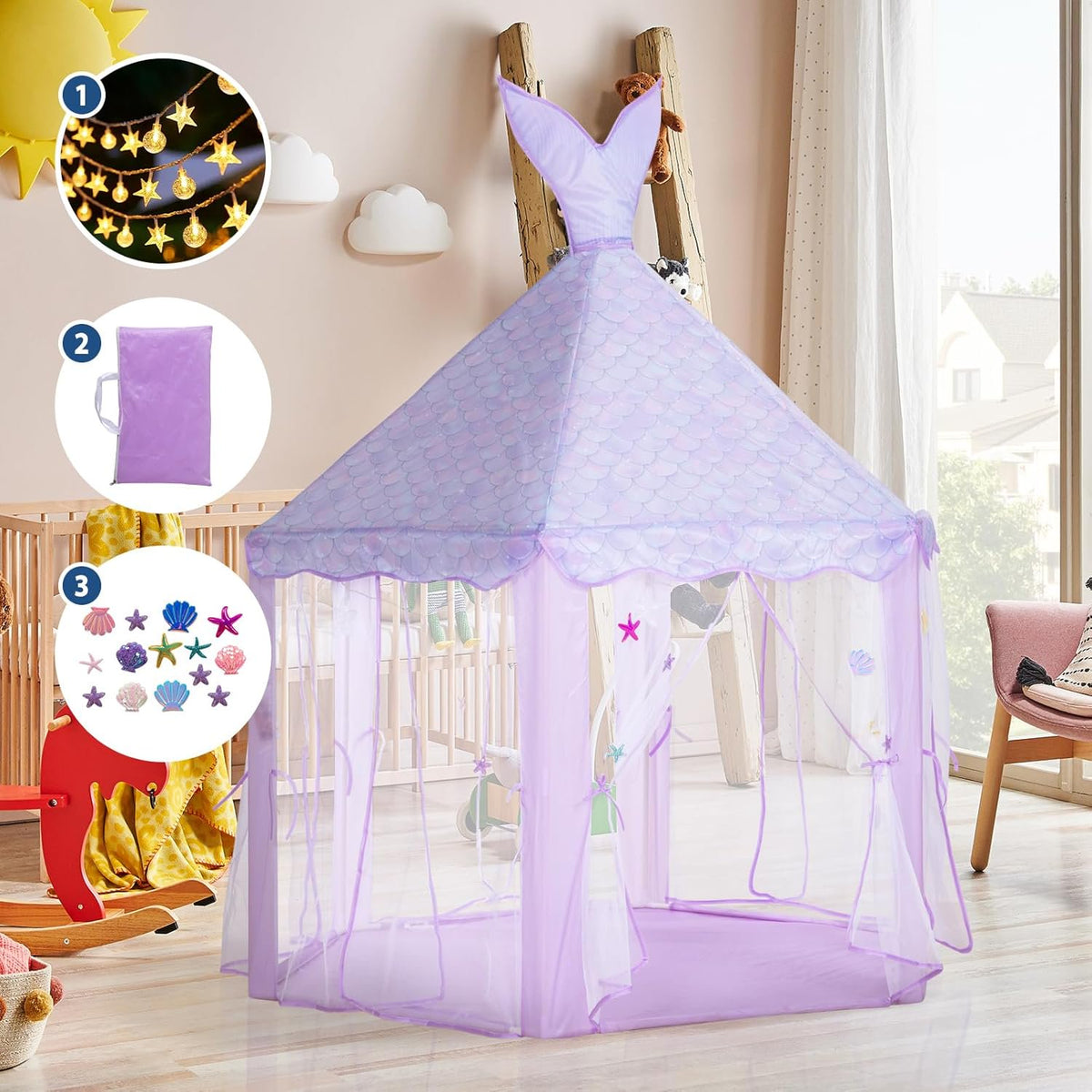 BRINJOY Mermaid Princess Tent for Girls, Large Kids Playhouse Castle with String Lights, Carry Bag & Stickers, Indoor Outdoor Pretend Play Tent Gift for Toddler Age 3+