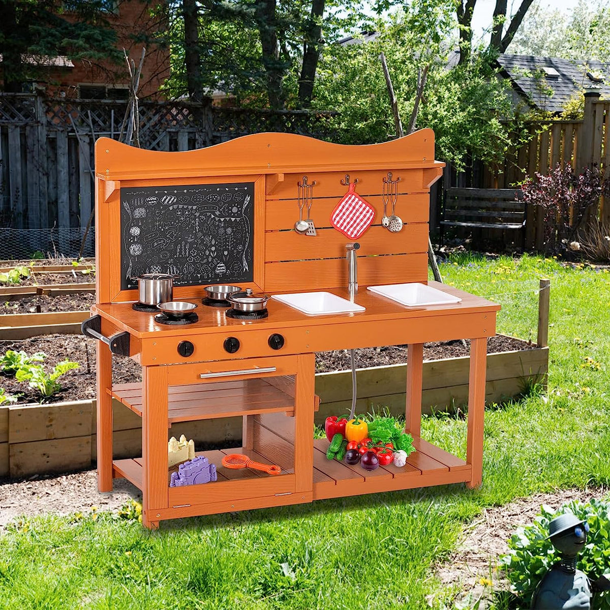 BRINJOY Outdoor Mud Kitchen Playset with Two Removable Sinks and Spray Pipe, Wooden Backyard Pretend Kitchen Includes Blackboard, Stove and Kitchenware, Gift for Toddlers