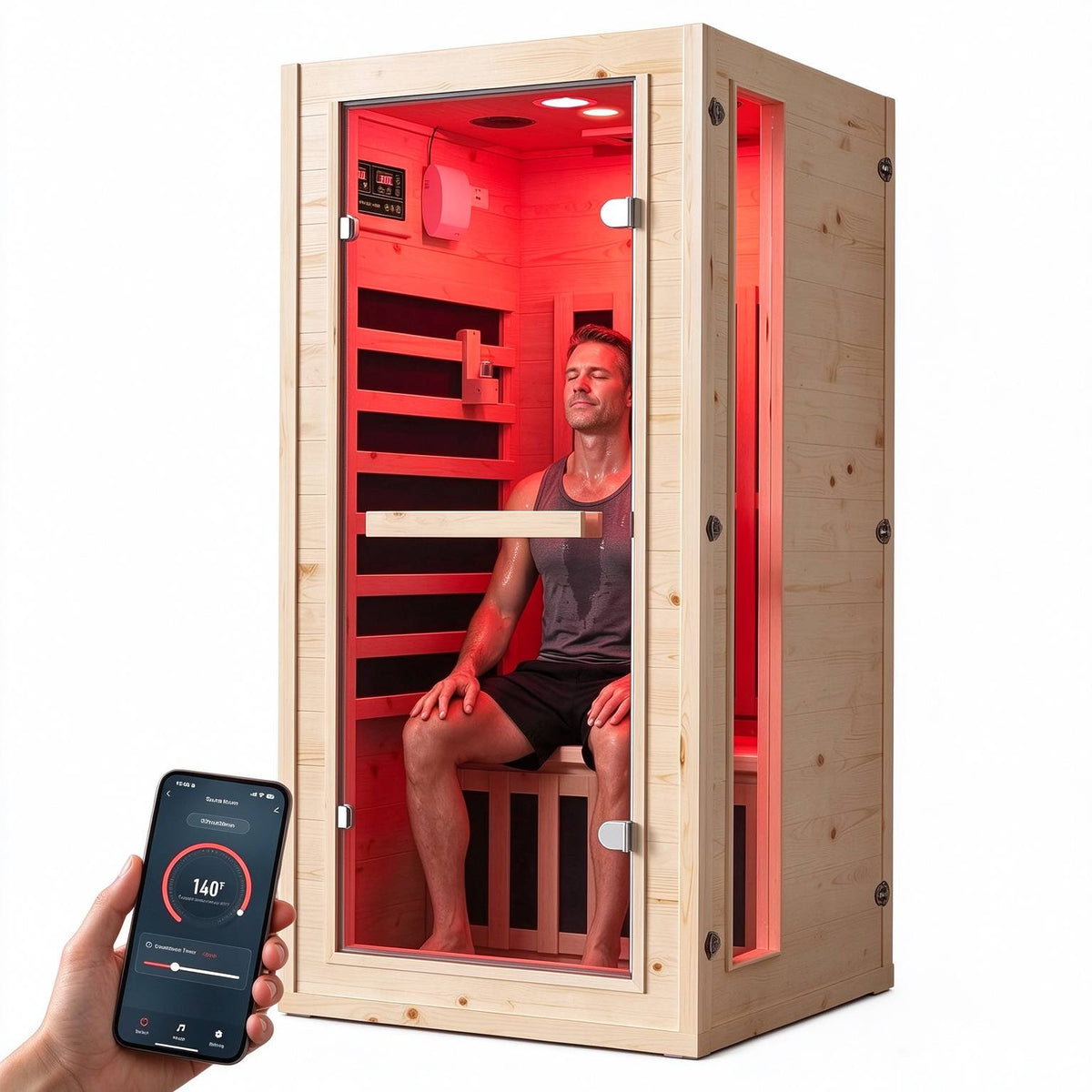 NALONE 1 Person Carbon Infrared Sauna, 1350W, Smart APP Control, 7-Color Chromotherapy, Bluetooth Speaker, Oxygen Ionizer, Finnish Spruce Indoor Home Spa Cabin