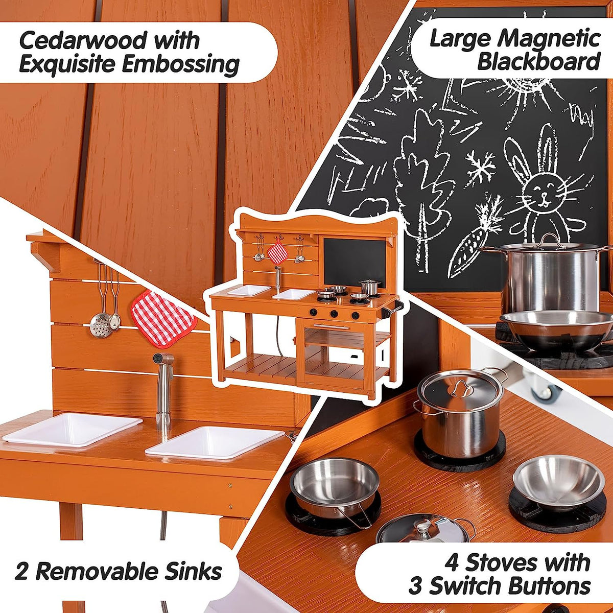 BRINJOY Outdoor Mud Kitchen Playset with Two Removable Sinks and Spray Pipe, Wooden Backyard Pretend Kitchen Includes Blackboard, Stove and Kitchenware, Gift for Toddlers