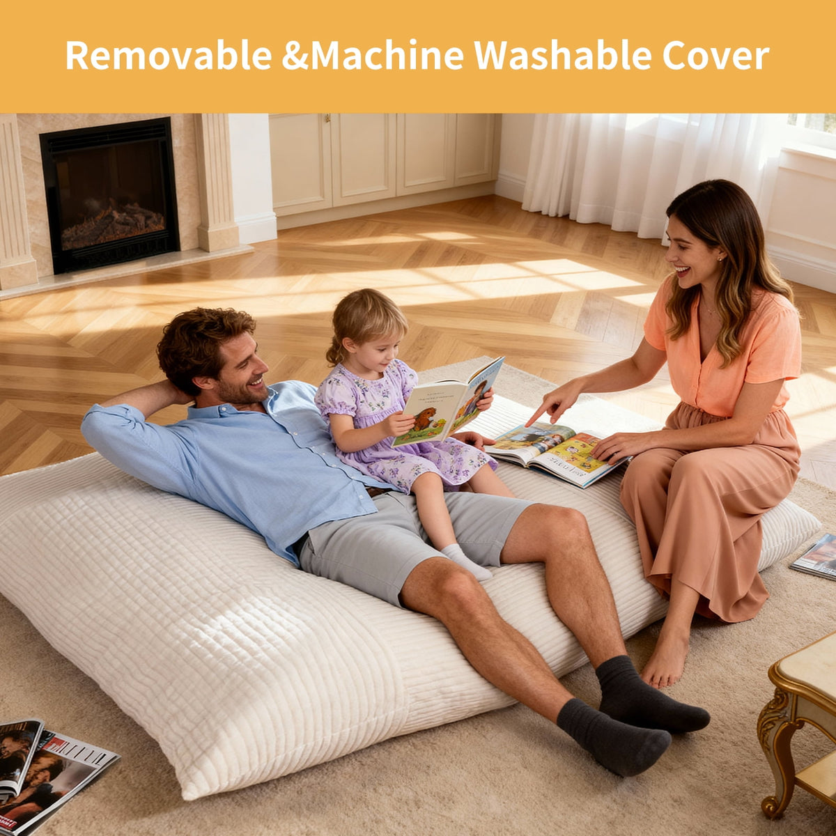 NALONE 4-in-1 Convertible Oversized Bean Bag Chairs for Adults, 6.5 FT Giant Large Memory Foam Bean Bag Chair, Bean Bag Bed & Bean Bag Sofa for Kids, Removable Washable Cover, White, for Living Room