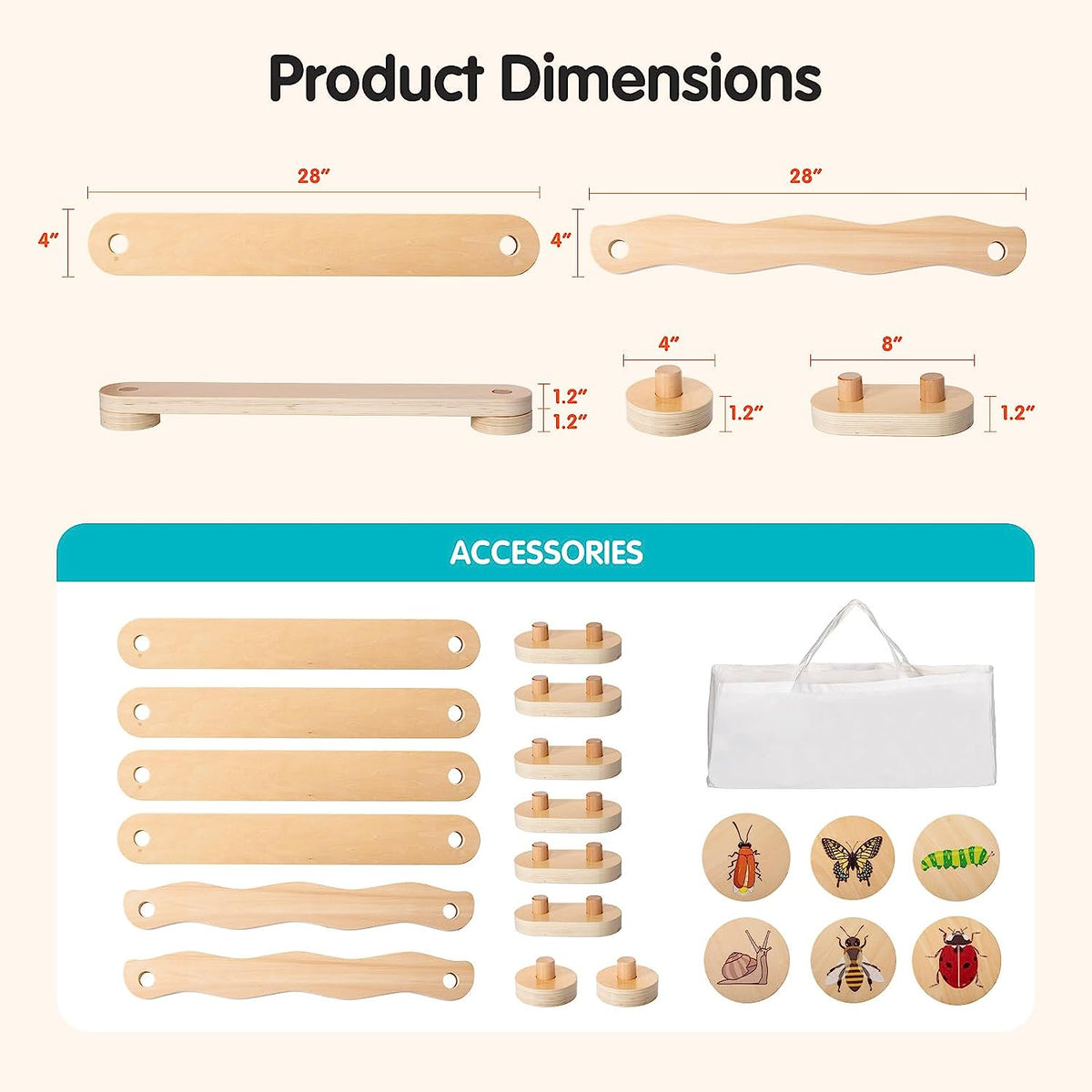 BRINJOY Wooden Balance Beam & Stepping Stones for Kids, 12 PCS Toddlers Gymnastics&nbsp;Toys Outdoor Obstacle Course Balance Board w/Storage Bag, Indoor Montessori Furniture for Nursery Playroom Gift