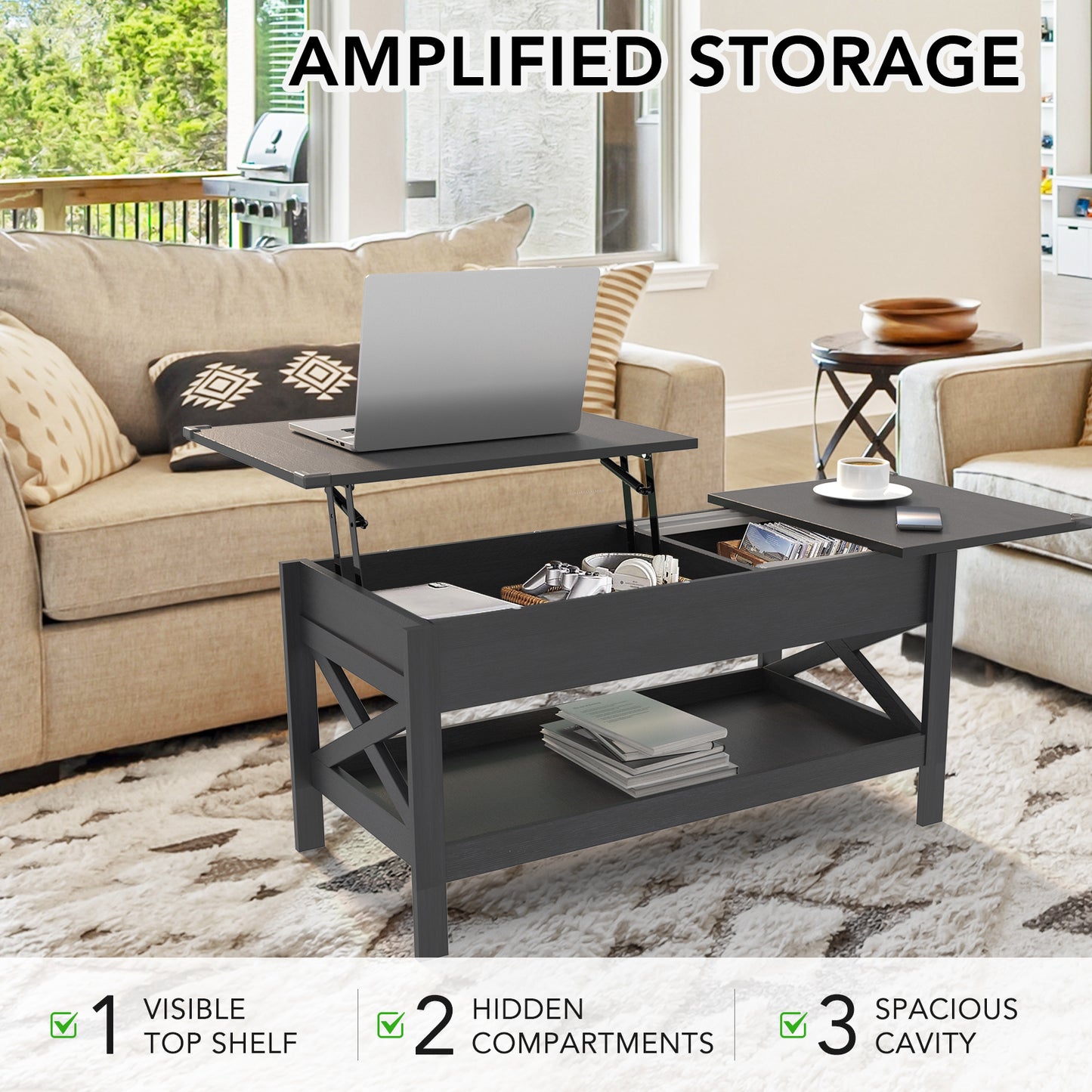 Nalone Lift Top Coffee Table with Shelf, Adjustable Height Tea Tables Wooden Dining CenterTables with Hidden Compartments for Small Living Room Apartments