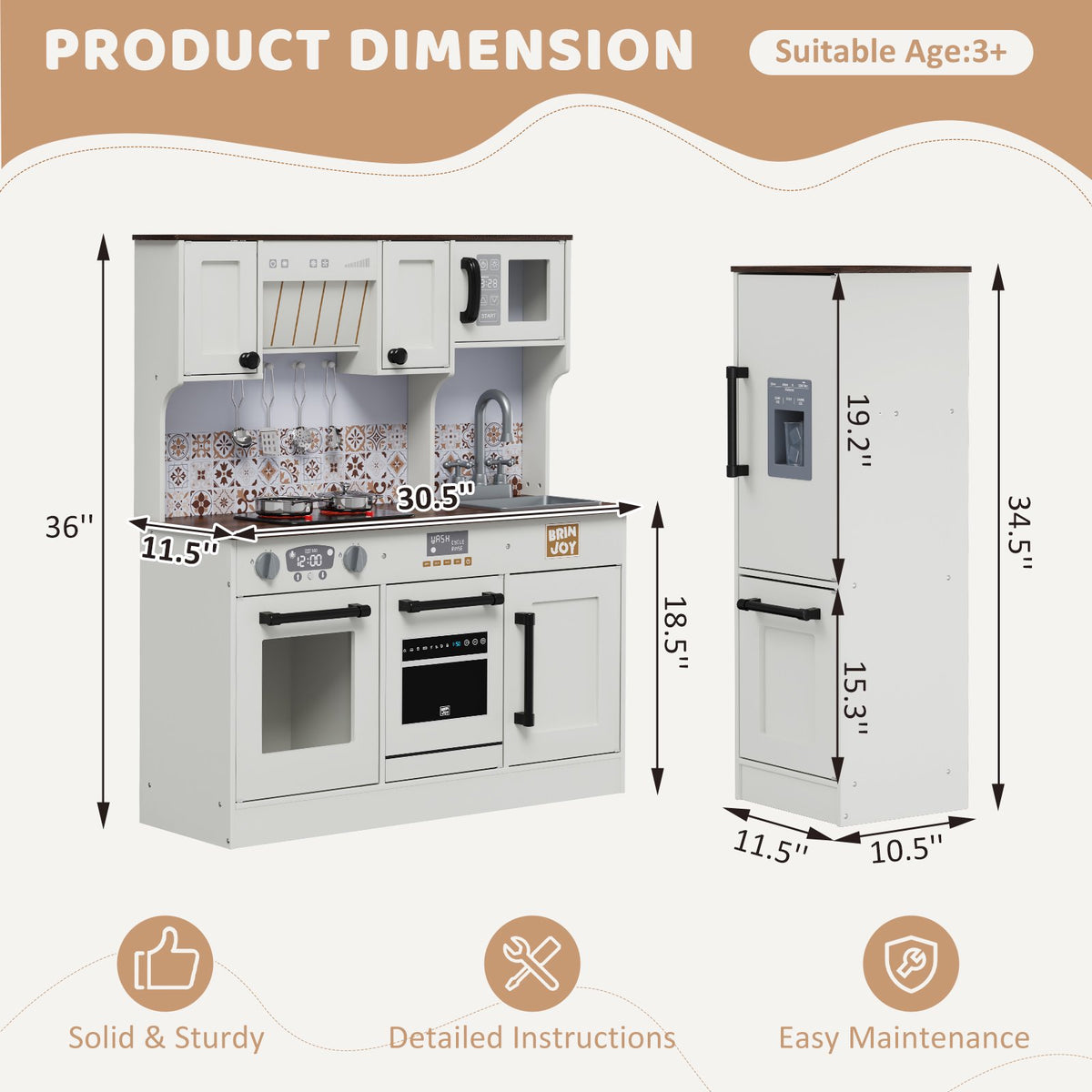BRINJOY 2 Piece Kids Kitchen Playset with Refrigerator, Lights & Sounds Cooktop, Large Wooden Pretend Play Kitchen Set with Cooking Toy, Microwave, Ice Maker, Gift for Toddlers Boys Girls, White
