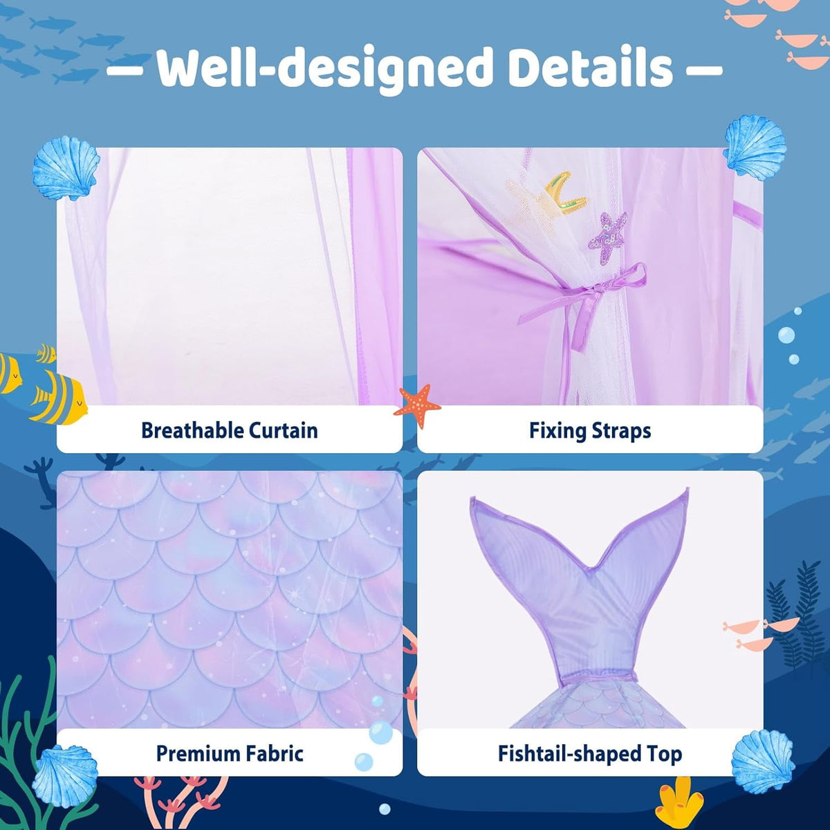 BRINJOY Mermaid Princess Tent for Girls, Large Kids Playhouse Castle with String Lights, Carry Bag & Stickers, Indoor Outdoor Pretend Play Tent Gift for Toddler Age 3+
