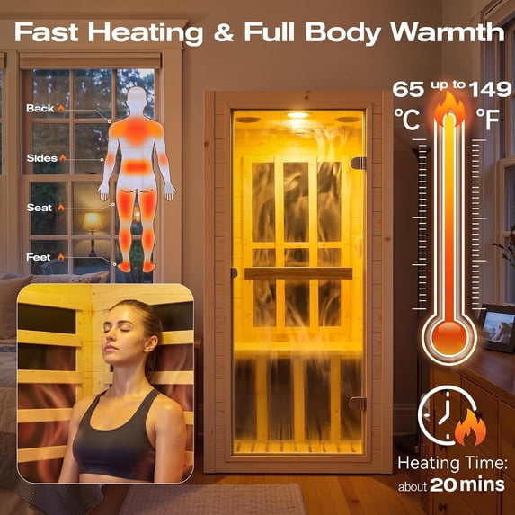 NALONE 1-Person Carbon Infrared Sauna, 1050W, Indoor Room Home Spa, Smart Wifi App Control, 7-Color Chromotherapy, Bluetooth Speaker