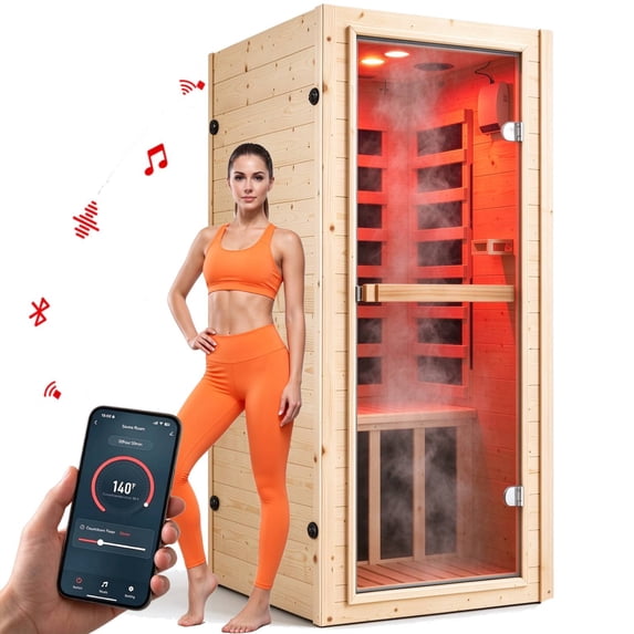 NALONE 1-Person Carbon Infrared Sauna, 1050W, Indoor Room Home Spa, Smart Wifi App Control, 7-Color Chromotherapy, Bluetooth Speaker