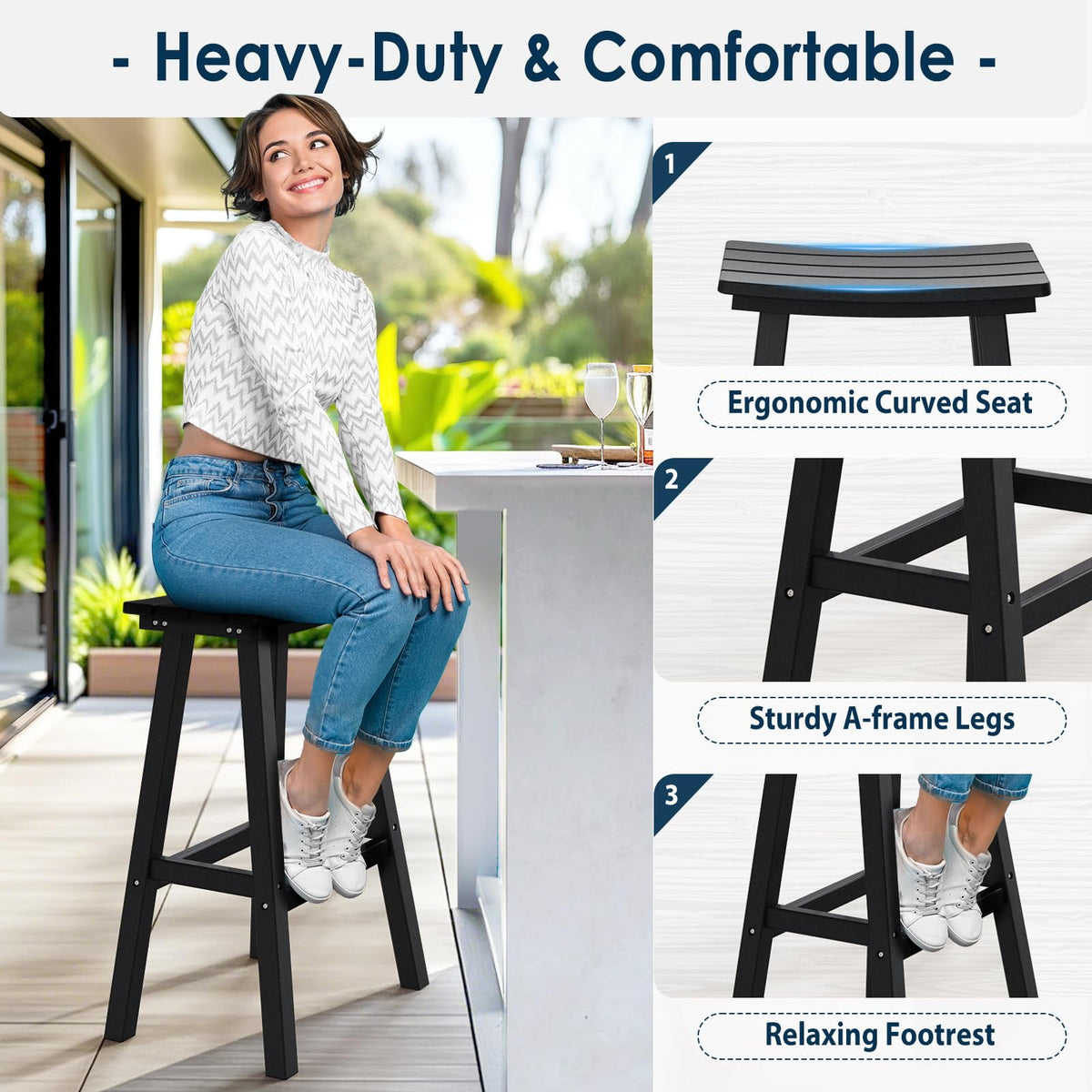 NALONE 29 Inch Outdoor Bar Stools Set of 2, HDPE Bar Chairs, Weather Resistant Barstools Outside Bar Height Stools for Bar, Kitchen Counter, Balcony (Black, 29'' Barstools Set of 2)