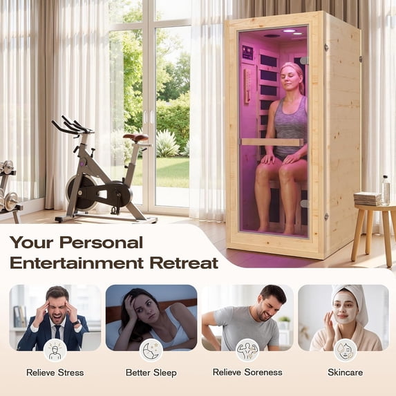 NALONE 1 Person Carbon Infrared Sauna, 1350W, Smart APP Control, 7-Color Chromotherapy, Bluetooth Speaker, Oxygen Ionizer, Finnish Spruce Indoor Home Spa Cabin