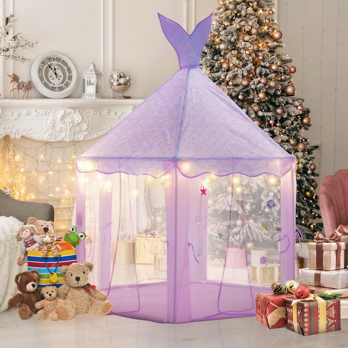 BRINJOY Mermaid Princess Tent for Girls, Large Kids Playhouse Castle with String Lights, Carry Bag & Stickers, Indoor Outdoor Pretend Play Tent Gift for Toddler Age 3+