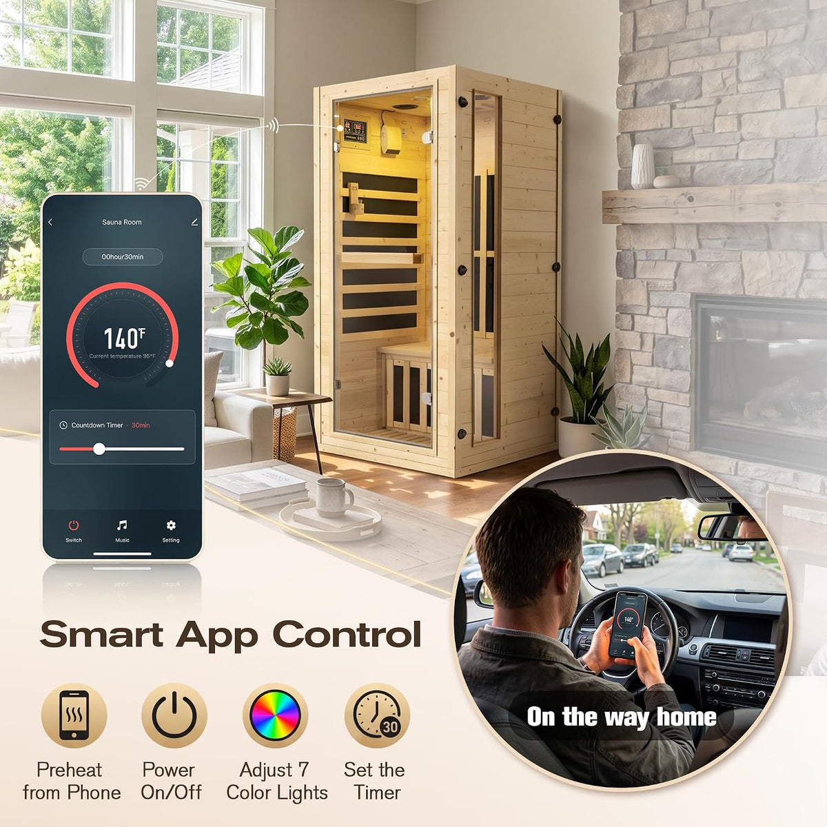 NALONE 1 Person Carbon Infrared Sauna, 1350W, Smart APP Control, 7-Color Chromotherapy, Bluetooth Speaker, Oxygen Ionizer, Finnish Spruce Indoor Home Spa Cabin