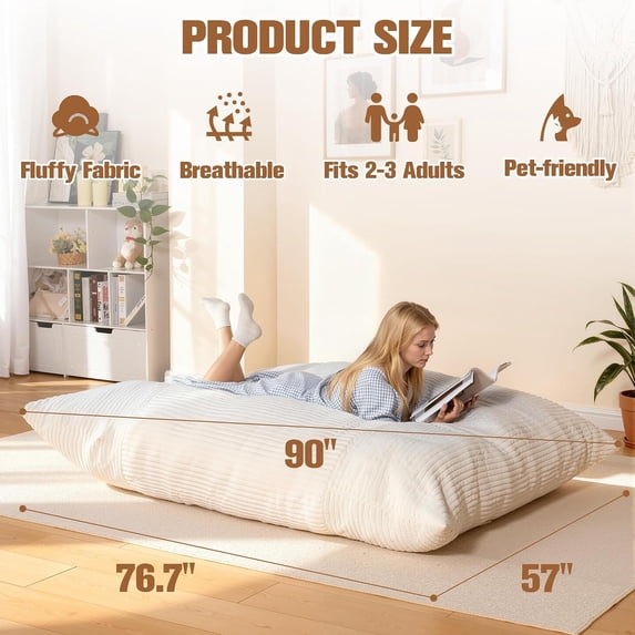 NALONE 4-in-1 Convertible Oversized Bean Bag Chairs for Adults, 6.5 FT Giant Large Memory Foam Bean Bag Chair, Bean Bag Bed & Bean Bag Sofa for Kids, Removable Washable Cover, White, for Living Room