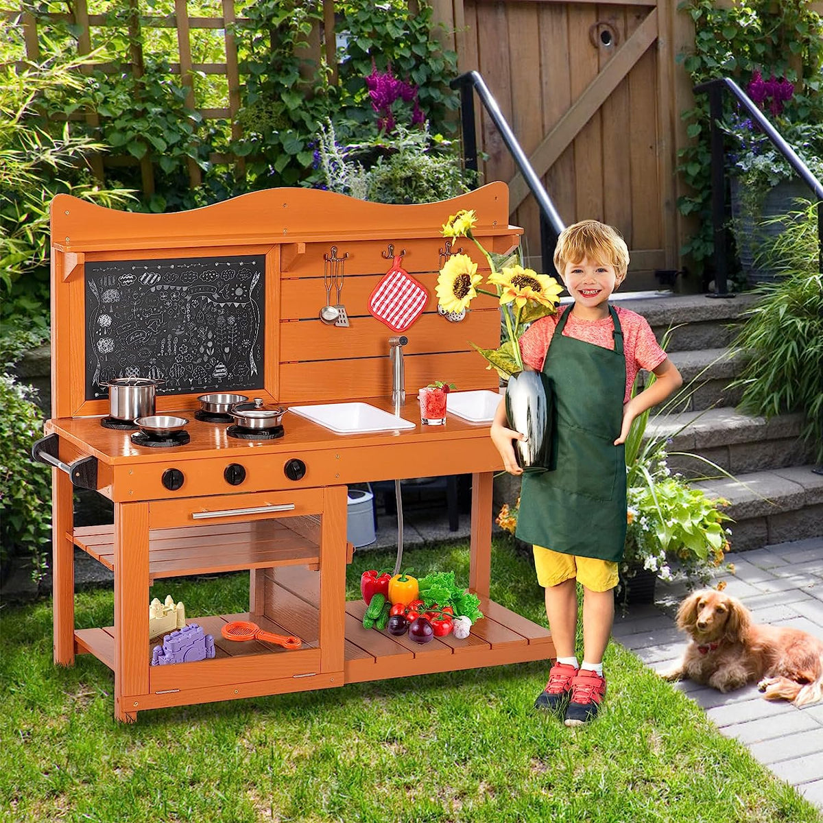 BRINJOY Outdoor Mud Kitchen Playset with Two Removable Sinks and Spray Pipe, Wooden Backyard Pretend Kitchen Includes Blackboard, Stove and Kitchenware, Gift for Toddlers