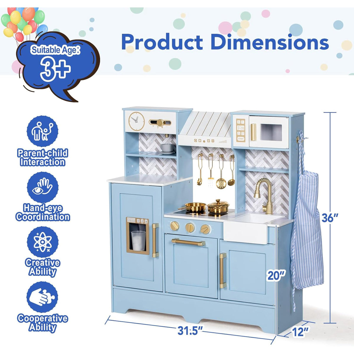 BRINJOY Wooden Play Kitchen for Toddlers, Kids Pretend Toy Kitchen Playset, Toddler Kitchen Set with Coffee Maker, Oven, Stove, Sink, Apron & Cookware, Play Kitchen for Kids Ages 3+, Blue