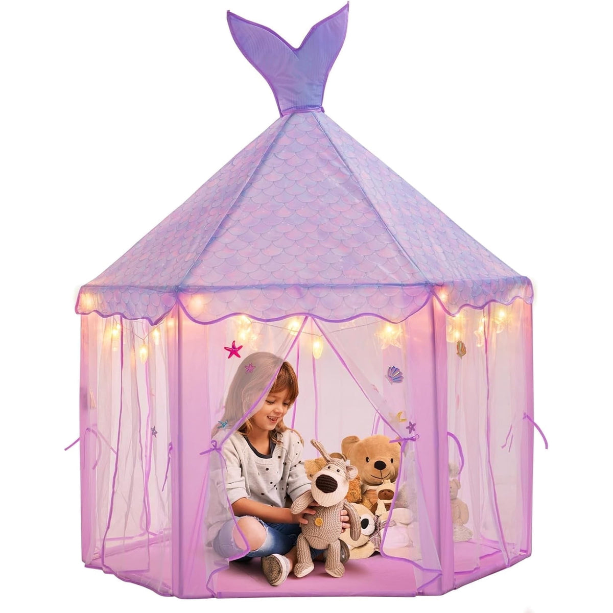 BRINJOY Mermaid Princess Tent for Girls, Large Kids Playhouse Castle with String Lights, Carry Bag & Stickers, Indoor Outdoor Pretend Play Tent Gift for Toddler Age 3+