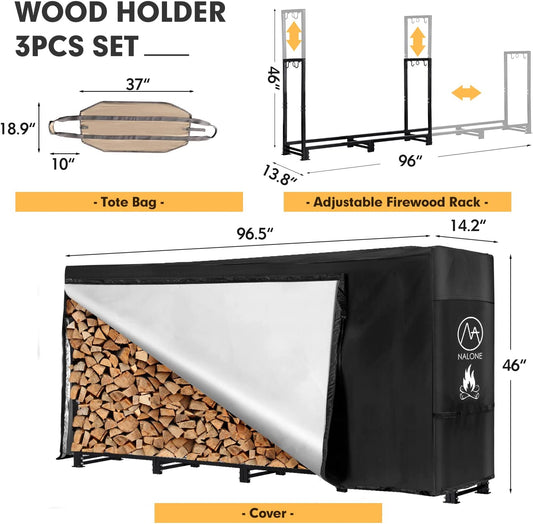 NALONE 8FT Outdoor Firewood Rack with Cover&Carry Bag Heavy Duty Square Strong Stand Rack with Waterproof Cover for Fireplace Fire Pits Wood Pile Storage Holder Lumber Rack