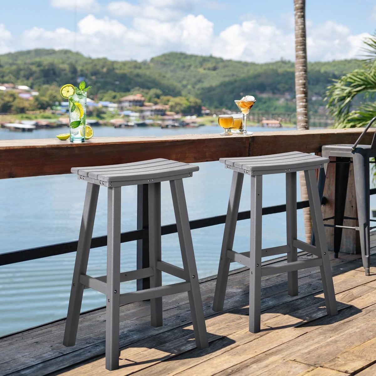 Nalone 29 Inch Outdoor Bar Stools Set of 2 Weather-Resistant HDPE Chairs with Footrest for Patio, Kitchen, Yard, Balcony