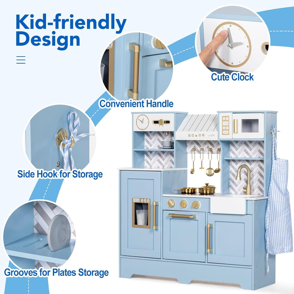 BRINJOY Wooden Play Kitchen for Toddlers, Kids Pretend Toy Kitchen Playset, Toddler Kitchen Set with Coffee Maker, Oven, Stove, Sink, Apron & Cookware, Play Kitchen for Kids Ages 3+, Blue