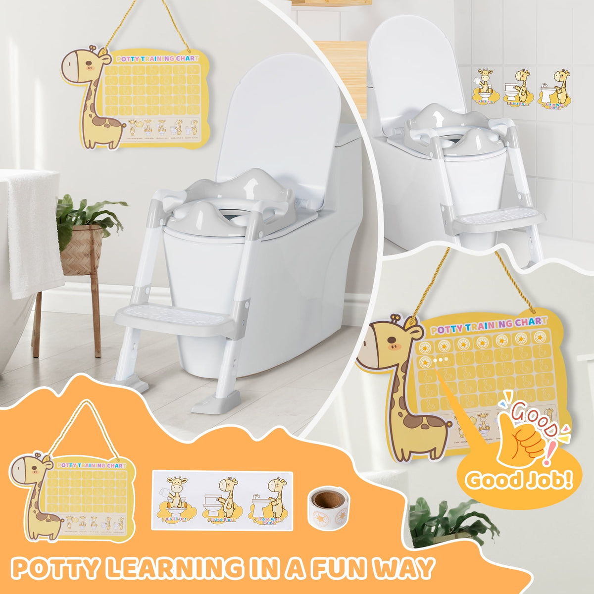 BRINJOY Potty Training Seat with Step Stool, Toddler Potty Seat with Steps & Ladder, Foldable Kids Potty for Toilet, Non-Slip Detachable Cushion, Potty Training Chart, for Boys Girls 1-6