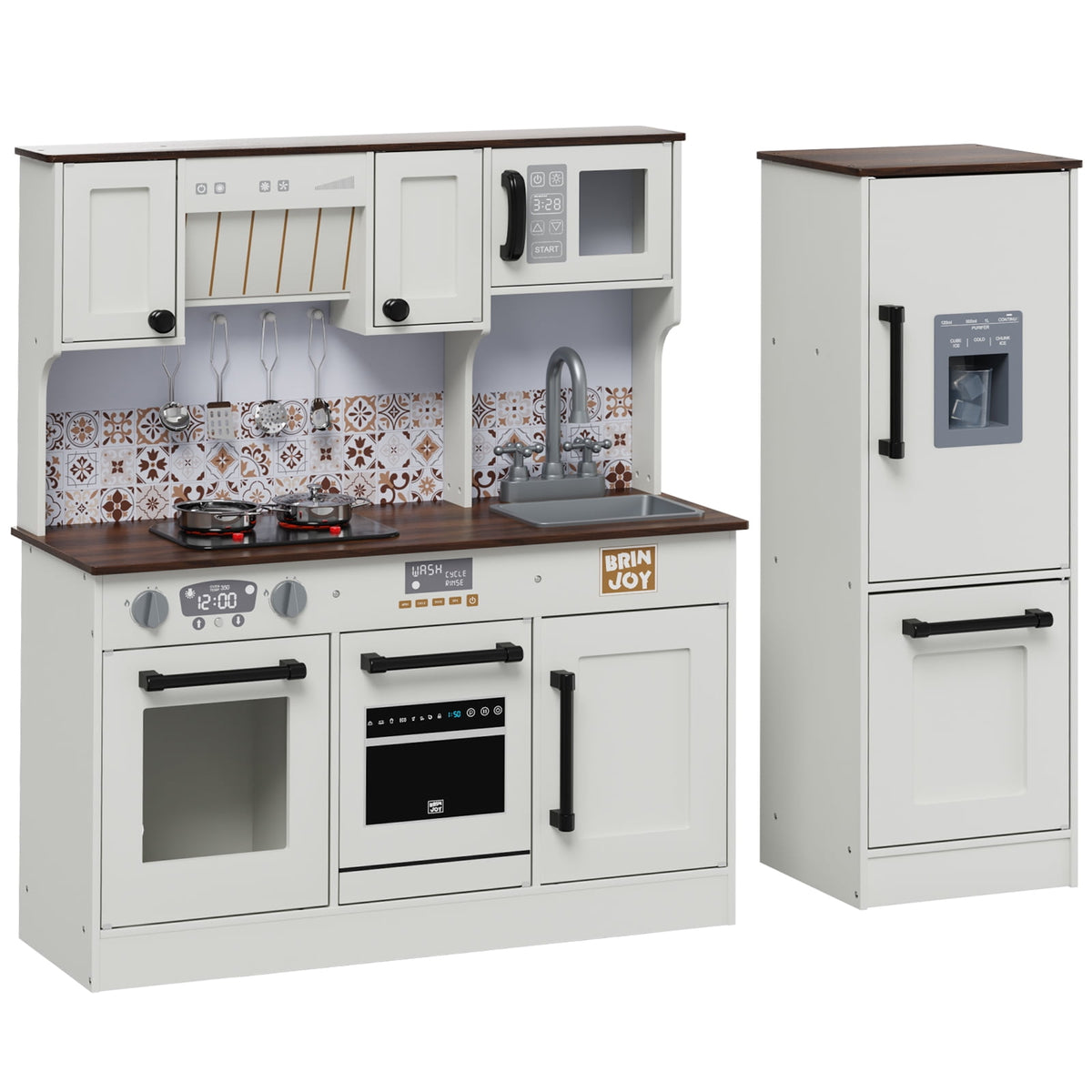 BRINJOY 2 Piece Kids Kitchen Playset with Refrigerator, Lights & Sounds Cooktop, Large Wooden Pretend Play Kitchen Set with Cooking Toy, Microwave, Ice Maker, Gift for Toddlers Boys Girls, White