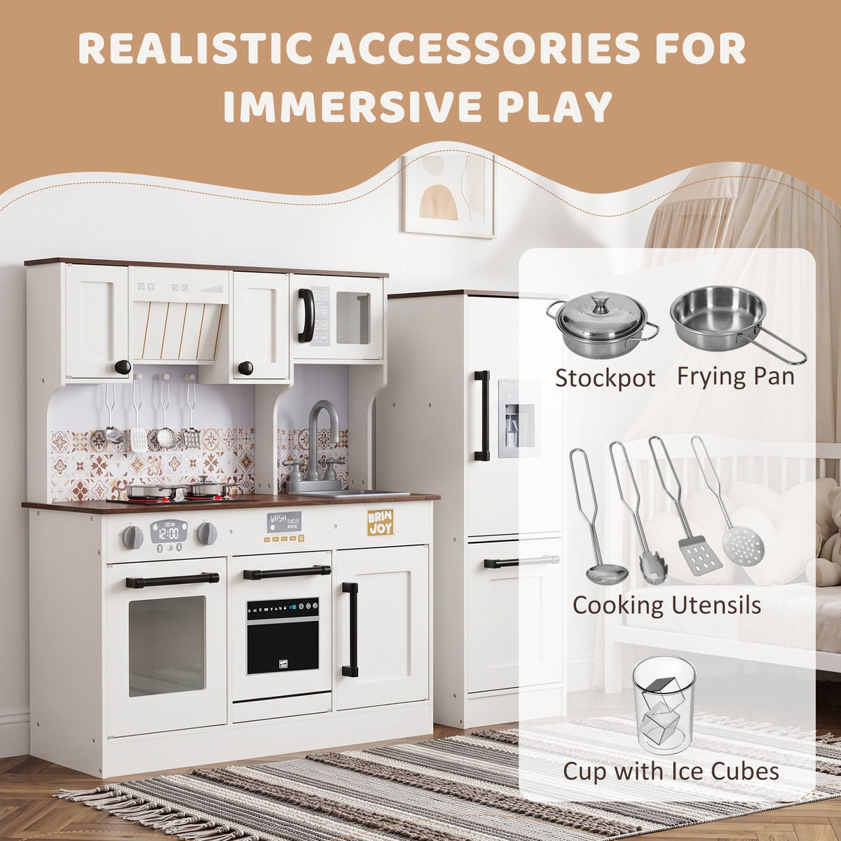 BRINJOY 2 Piece Kids Kitchen Playset with Refrigerator, Lights & Sounds Cooktop, Large Wooden Pretend Play Kitchen Set with Cooking Toy, Microwave, Ice Maker, Gift for Toddlers Boys Girls, White