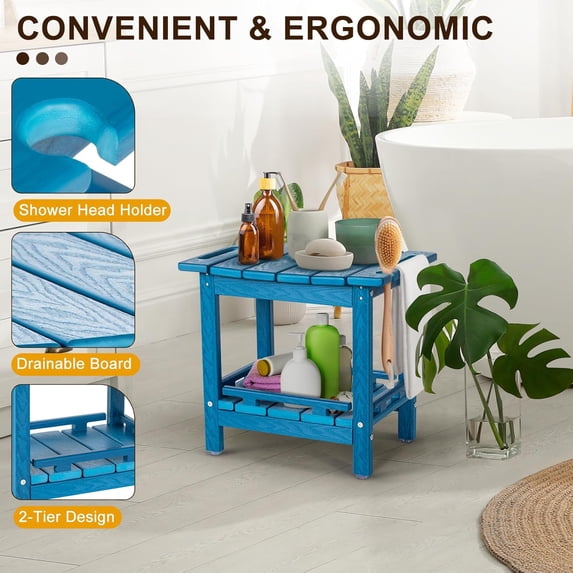 Nalone HDPE Shower Bench, Waterproof Shower Stool with Storage Shelf & Handles, Heavy Duty Shower Seat for Inside Shower, Shower Foot Rest for Shaving Legs, Indoor & Outdoor Bathroom Bench,Blue