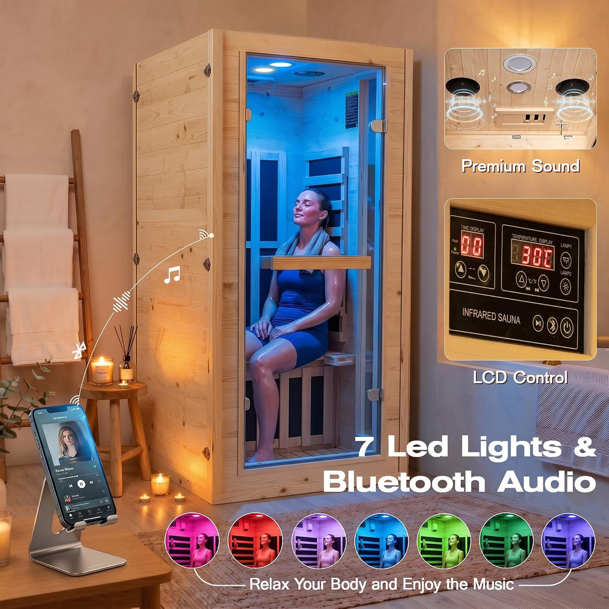 NALONE 1 Person Carbon Infrared Sauna, 1350W, Smart APP Control, 7-Color Chromotherapy, Bluetooth Speaker, Oxygen Ionizer, Finnish Spruce Indoor Home Spa Cabin