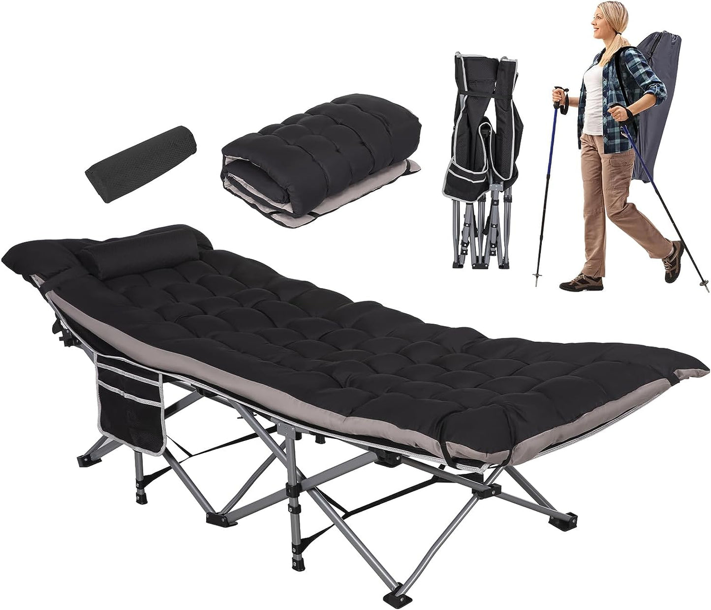 Nalone Camping Cots for Adults with 3.5 Inch Extra Thick Mattress, Cots for Sleeping 900 LBS, Folding Cot with Mattress, Heavy Duty Sleeping Cots Camping Bed for Home Office Outdoor Black