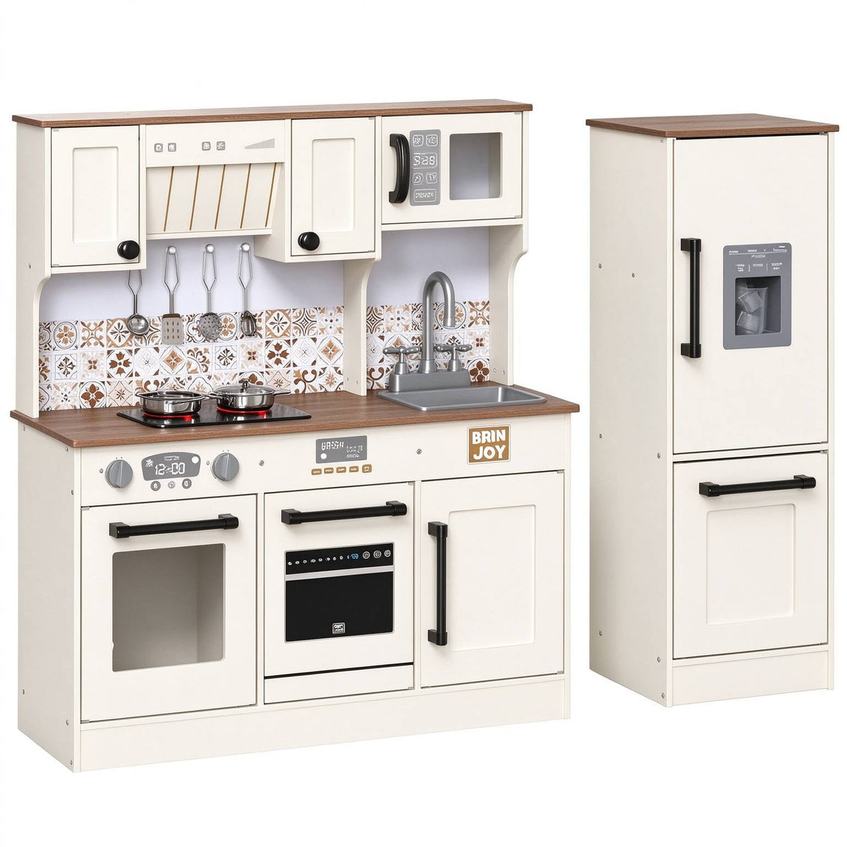 BRINJOY 2 Piece Kids Kitchen Playset with Refrigerator, Lights & Sounds Cooktop, Large Wooden Pretend Play Kitchen Set with Cooking Toy, Microwave, Ice Maker, Gift for Toddlers Boys Girls, White