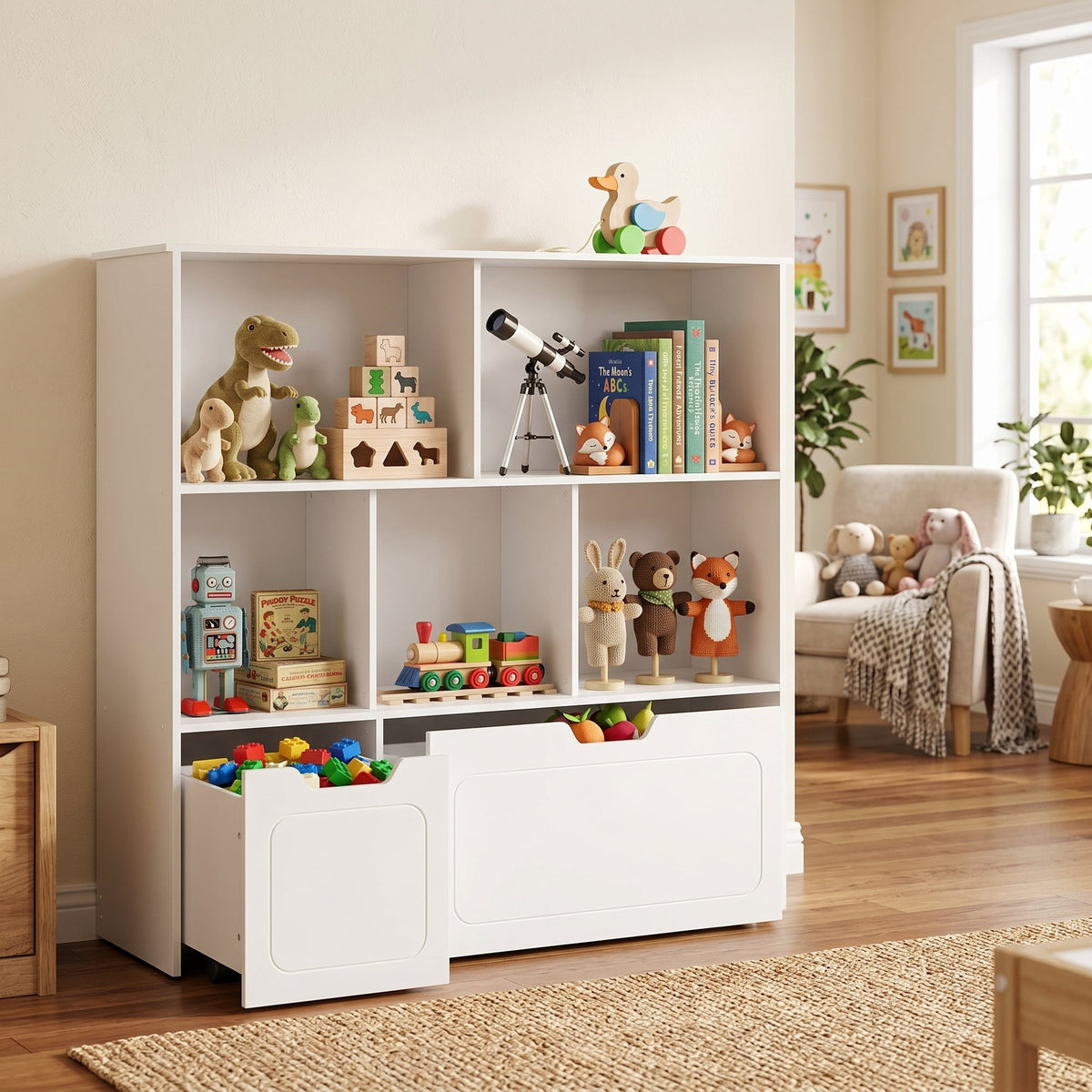BRINJOY 3-Shelf Kids Bookcase Storage Organizer with 2 Movable Drawers