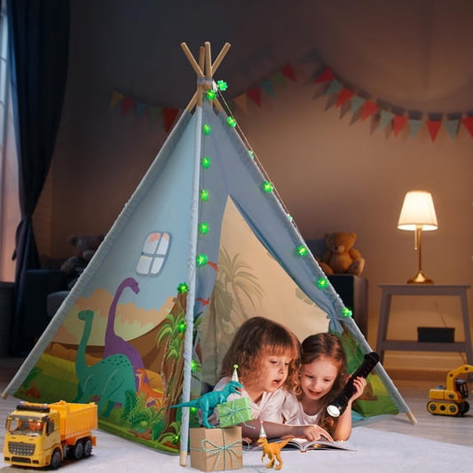 BRINJOY Dinosaur Teepee Tent for Kids, Toddlers Play Tent w/Roaring Sounds, LED String Lights, Foldable Kids Teepee Tent Toy, Indoor Outdoor Pretend Play, Playhouse Gift for Boys & Girls