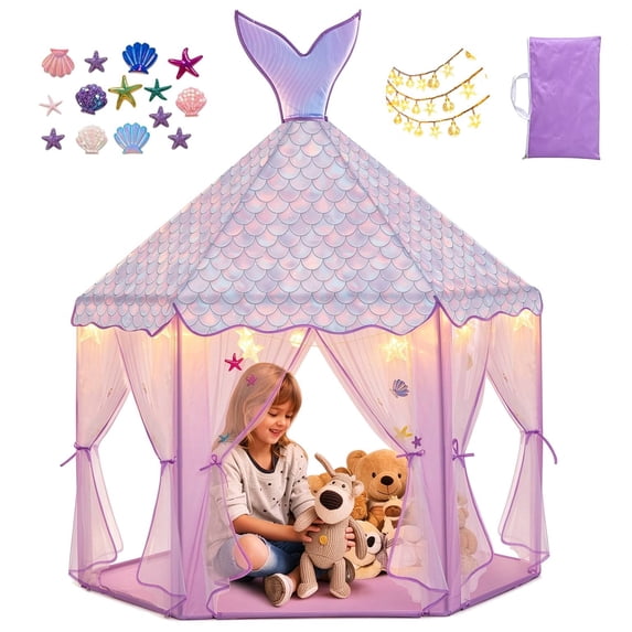 BRINJOY Mermaid Princess Tent for Girls, Large Kids Playhouse Castle with String Lights, Carry Bag & Stickers, Indoor Outdoor Pretend Play Tent Gift for Toddler Age 3+