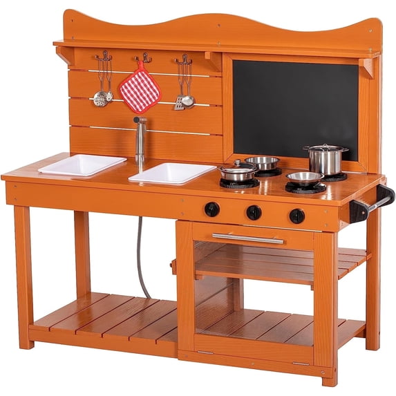 BRINJOY Outdoor Mud Kitchen Playset with Two Removable Sinks and Spray Pipe, Wooden Backyard Pretend Kitchen Includes Blackboard, Stove and Kitchenware, Gift for Toddlers