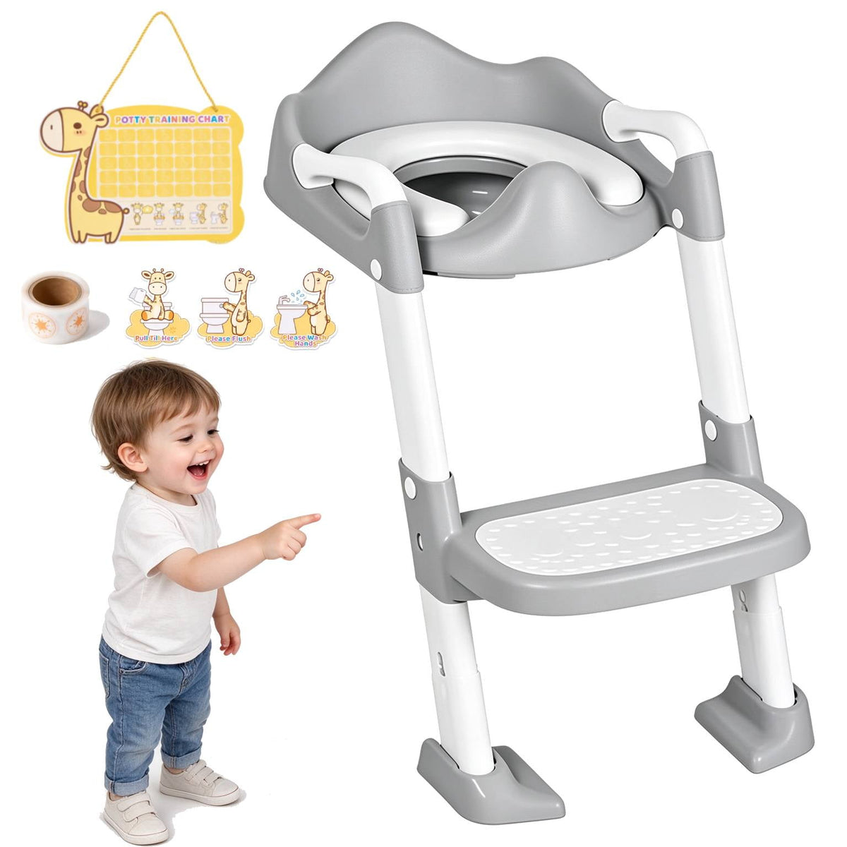 BRINJOY Potty Training Seat with Step Stool, Toddler Potty Seat with Steps & Ladder, Foldable Kids Potty for Toilet, Non-Slip Detachable Cushion, Potty Training Chart, for Boys Girls 1-6