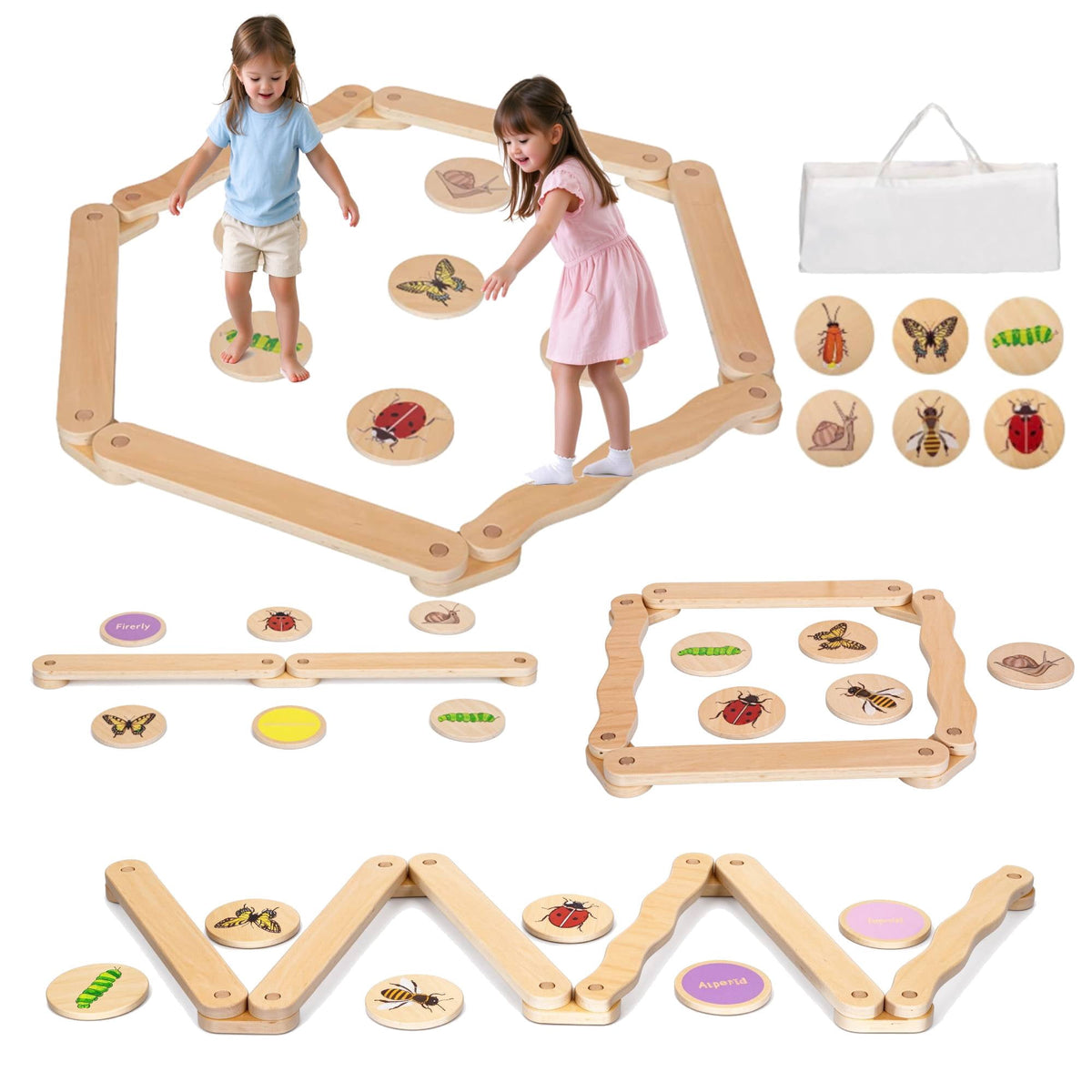 BRINJOY Wooden Balance Beam & Stepping Stones for Kids, 12 PCS Toddlers Gymnastics&nbsp;Toys Outdoor Obstacle Course Balance Board w/Storage Bag, Indoor Montessori Furniture for Nursery Playroom Gift