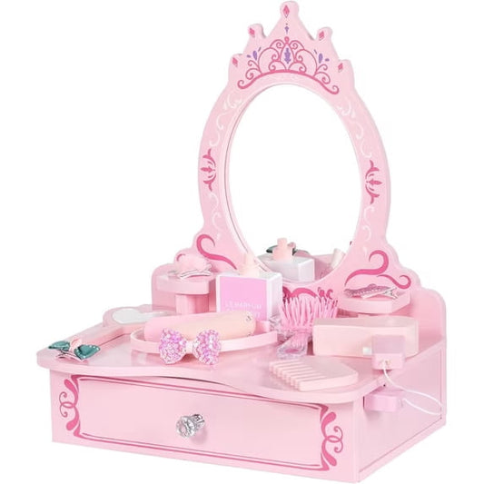 BRINJOY Wooden Vanity Set for Kids, Toddler Tabletop Beauty Salon Play Set w/Accessories & Drawer, Princess Makeup Pretend Play Vanity Table Toy with Crown Shaped Mirror for Little Girls Age 3-8