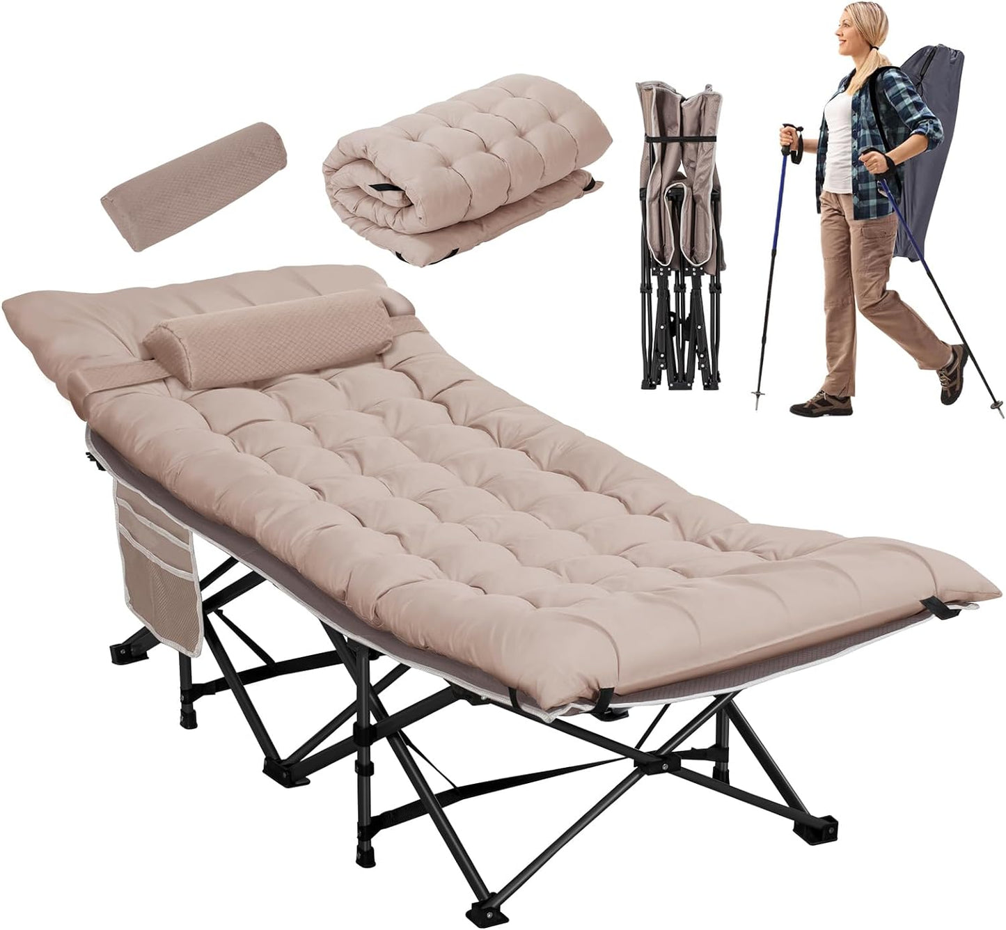 Nalone 2Pcs Camping Cots for Adults with 3.5 Inch Extra Thick Mattress, Cots for Sleeping 900 LBS, Folding Cot with Mattress, Heavy Duty Sleeping Cots Camping Bed for Home Office Outdoor Cream