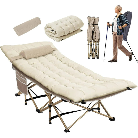 Nalone Camping Cots for Adults with 3.5 Inch Extra Thick Mattress, Cots for Sleeping 900 LBS, Folding Cot with Mattress, Heavy Duty Sleeping Cots Camping Bed for Home Office Outdoor Cream