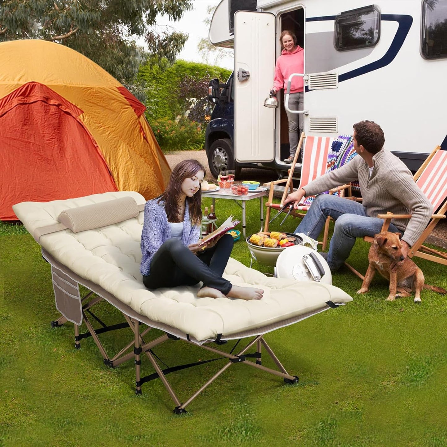 Nalone Camping Cots for Adults with 3.5 Inch Extra Thick Mattress, Cots for Sleeping 900 LBS, Folding Cot with Mattress, Heavy Duty Sleeping Cots Camping Bed for Home Office Outdoor Cream