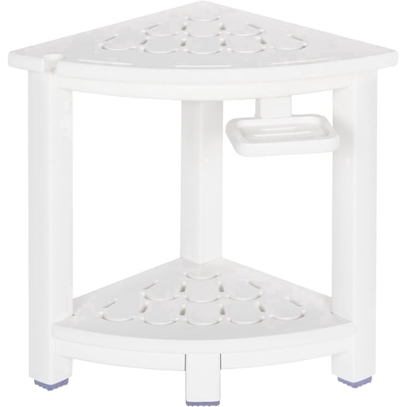 NALONE Corner Shower Stool, HDPE Shower Bench for Inside Shower, Small Shower Chair Seat for Shaving Legs with Storage Shelf, Soap Box and Adjustable Feet (White)