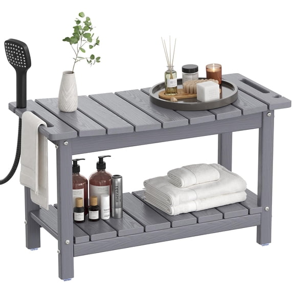 Nalone Waterproof Shower Bench, 24 Inch Poly Lumber Shower Stool for Shaving Legs, Shower Chair Seat with Storage Shelf and Handles, Non Slip Bathroom Bench for Inside Shower, Gray