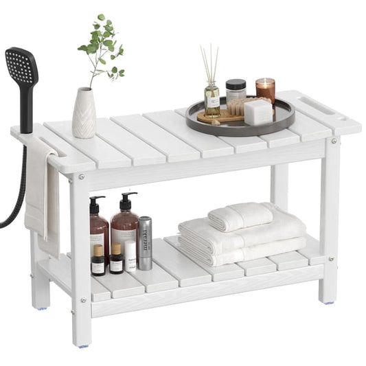 Nalone Shower Bench for Inside Shower, 24 Inch Poly Lumber Shower Stool, Heavy Duty Shower Seat for Seniors, Non Slip Shower Chair with Storage Shelf & Handles, Shower Step for Shaving Leg, White