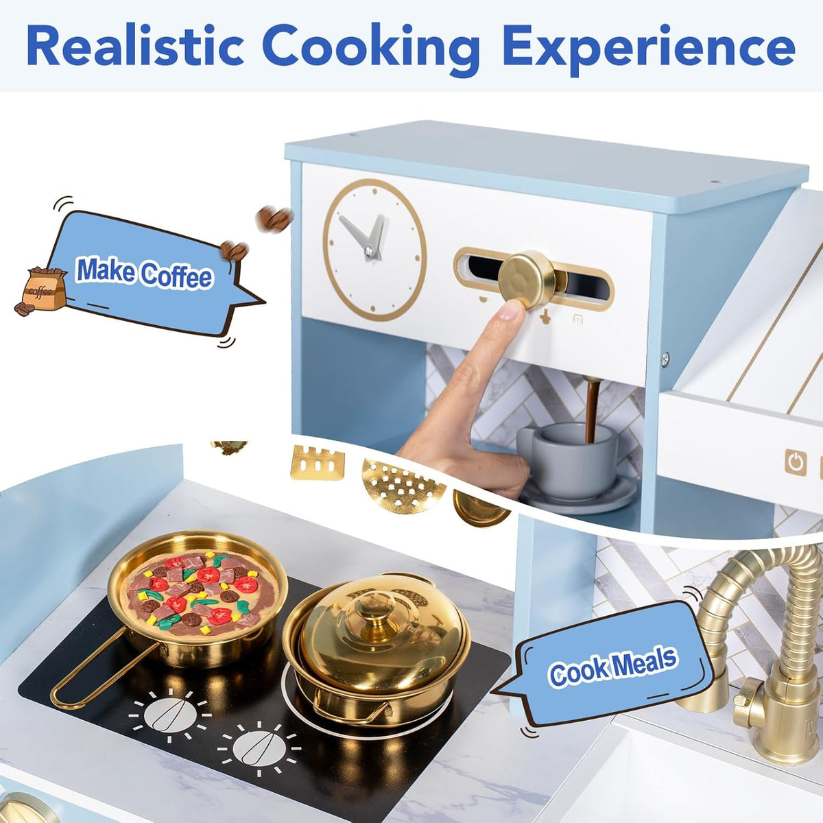 BRINJOY Wooden Play Kitchen for Toddlers, Kids Pretend Toy Kitchen Playset, Toddler Kitchen Set with Coffee Maker, Oven, Stove, Sink, Apron & Cookware, Play Kitchen for Kids Ages 3+, Blue