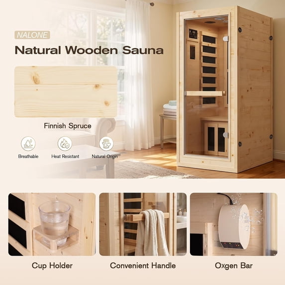 NALONE 1-Person Carbon Infrared Sauna, 1050W, Indoor Room Home Spa, Smart Wifi App Control, 7-Color Chromotherapy, Bluetooth Speaker
